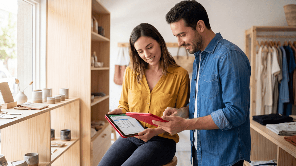 woman man seated two ipads
